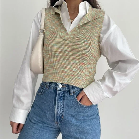 NWT Hazel Moon multi colored Knit Polo Collared Cropped top - Picture 4 of 9